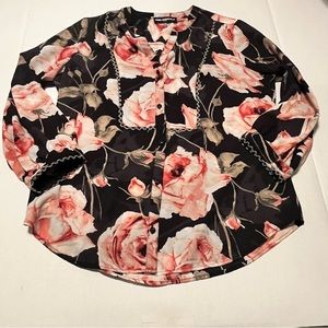 Karl Lagerfeld Paris‎ Women Size Small Black Pink Floral Blouse Button Front Top